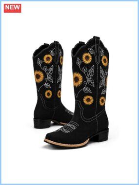 Sunflower Embroidered Cowboy Boots Square Toe Mid Calf Low Heel Western